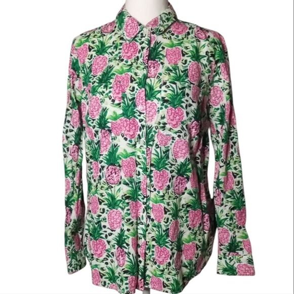 Charter Club Luxury Linen Bright Pineapple Print Roll Tab Sleeves Size Medium - Picture 9 of 10